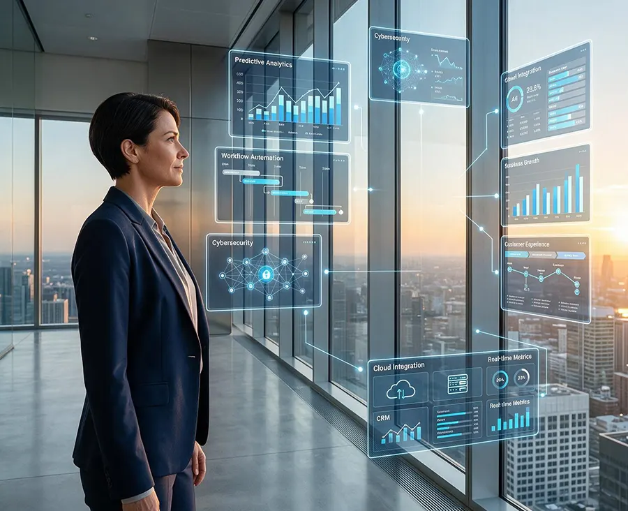 Executive dashboard showing AI-powered productivity and ROI analytics